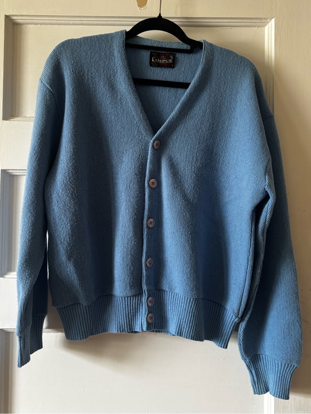 Vintage 60s Campus Soft Blue Button Up Cardigan Sweater - XL